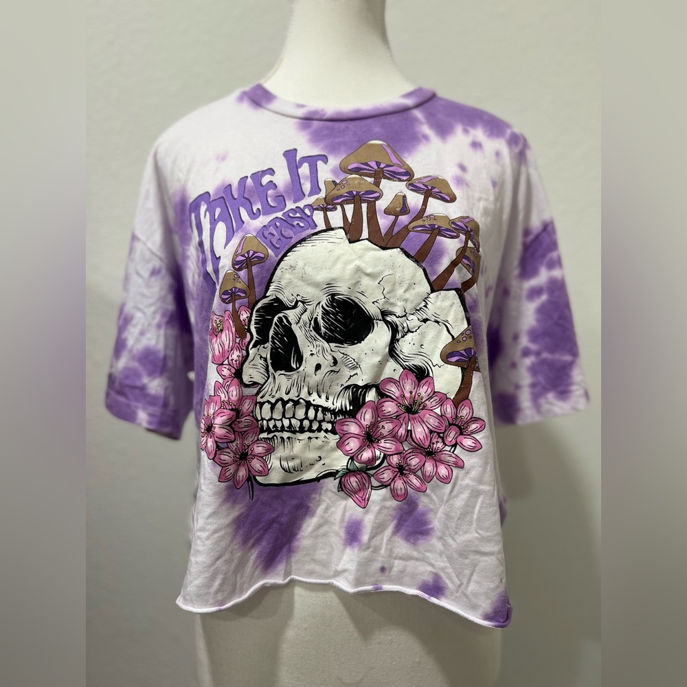 Take It Easy Skull and Mushrooms Graphic Tie Dye TShirt EUC - Picture 3 of 7